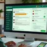 Administrador configurando moderação de mensagens em um grande grupo de WhatsApp em um painel no computador