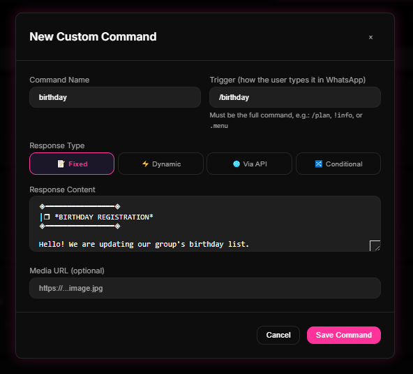 Suggested screen: Custom Commands setup tab in your 9bot Dashboard, configuring a shortcut directing users to your birthdate registration form.