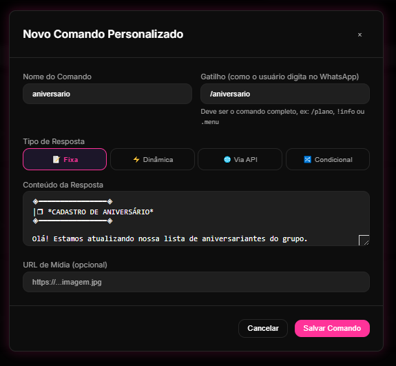 tela de configuração de Comandos Personalizados no Dashboard do 9bot para automatizar o encaminhamento ao formulário de aniversariantes.