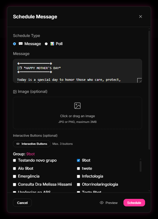 Suggested screen: Create Schedule window in your 9bot Dashboard, showing time settings, image attachments, and customizable interactive button slots.