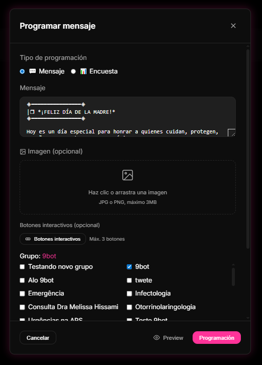 modal de creación de programaciones (Agendamentos) en 9bot, detallando opciones de recurrencia, husos horários y botones de redirección.
