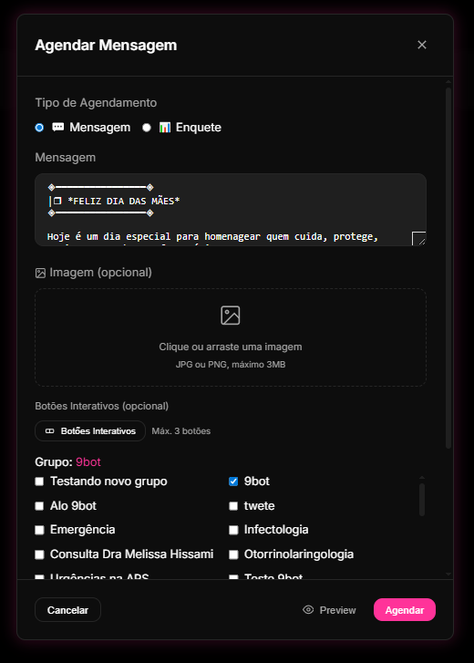 tela de criação de Novo Agendamento no Dashboard do 9bot, com opções de fusos, mídias e botões interativos de redirecionamento.