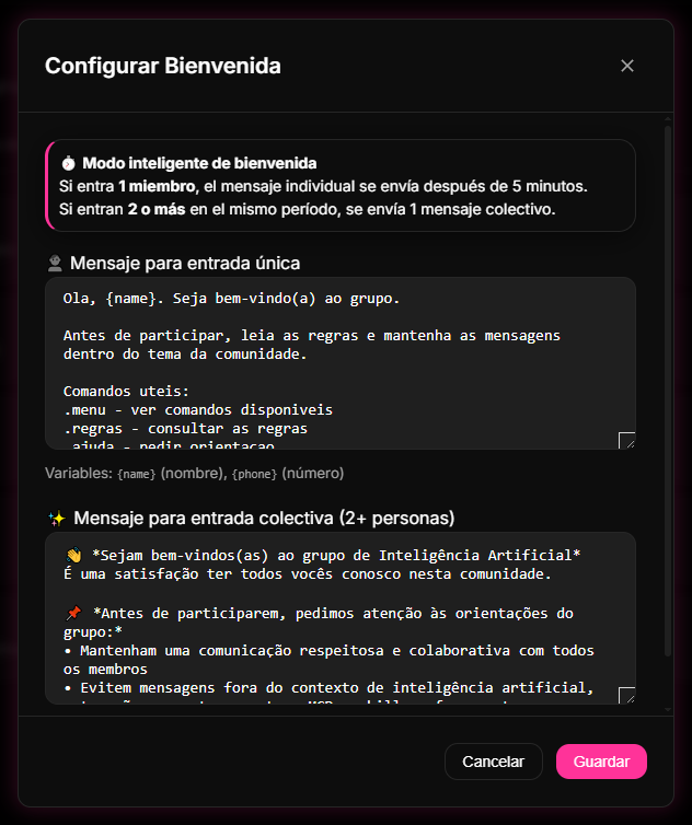 pantalla de configuración y guardado del Mensaje de Bienvenida automático en el Dashboard de 9bot.