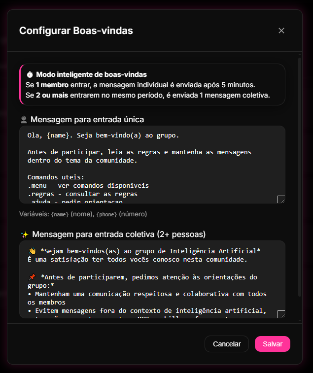 tela de configuração e salvamento da Mensagem de Boas-vindas automática no Dashboard do 9bot.