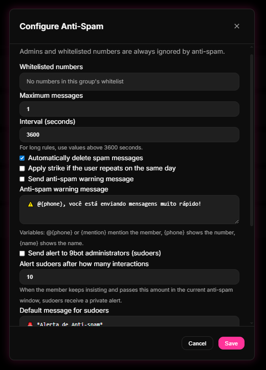 9bot Dashboard menu showing Anti-Spam and Link Moderation settings, allowing you to shield your group from flooding and malicious links.