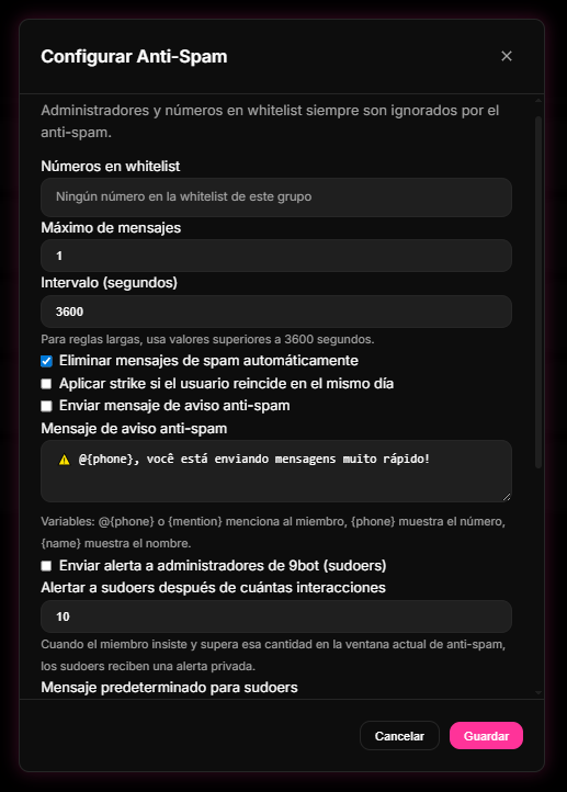 pantalla del menú de Anti-Spam y Moderação de Links en el Dashboard de 9bot, permitiendo blindar el grupo contra flooding y enlaces maliciosos.