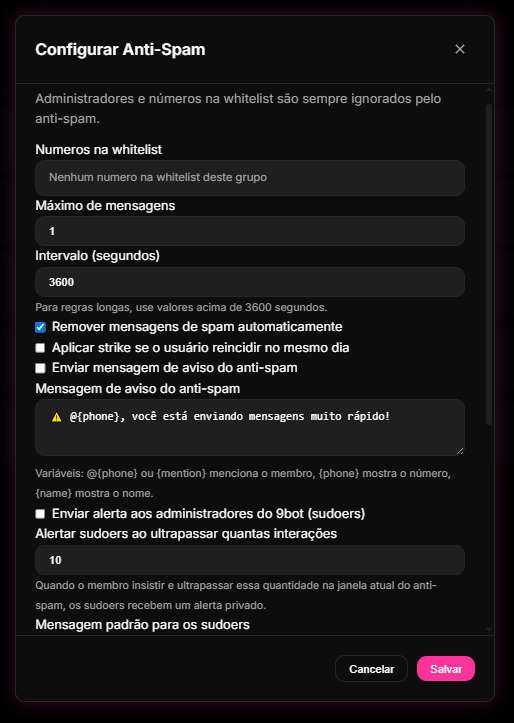 tela do menu de Anti-Spam e Moderação de Links no Dashboard do 9bot, permitindo blindar o grupo contra flooding e links maliciosos.
