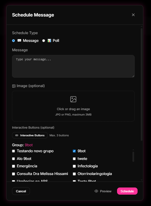 Create Schedule modal in the 9bot Dashboard, configuring dates, time zones, and buttons for automated publishing.