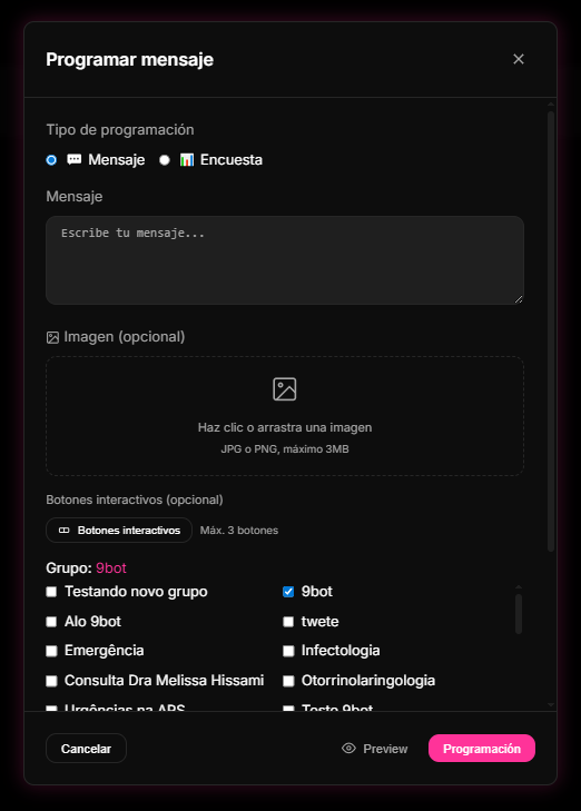 modal de creación de un Nuevo Agendamento en el Dashboard de 9bot, configurando fechas, husos horarios y botones para publicaciones automáticas.