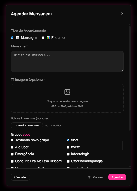 modal de criação de Novo Agendamento no Dashboard do 9bot, configurando datas, fusos horários e botões para postagens automáticas.