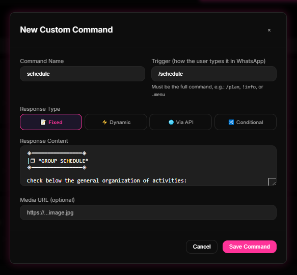 Custom Commands creation panel in the 9bot Dashboard, allowing you to build automated replies and shortcuts for recurring questions.
