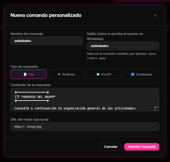 menú de creación de Comandos Personalizados en el Dashboard de 9bot para crear respuestas y atajos automatizados a dudas recurrentes.