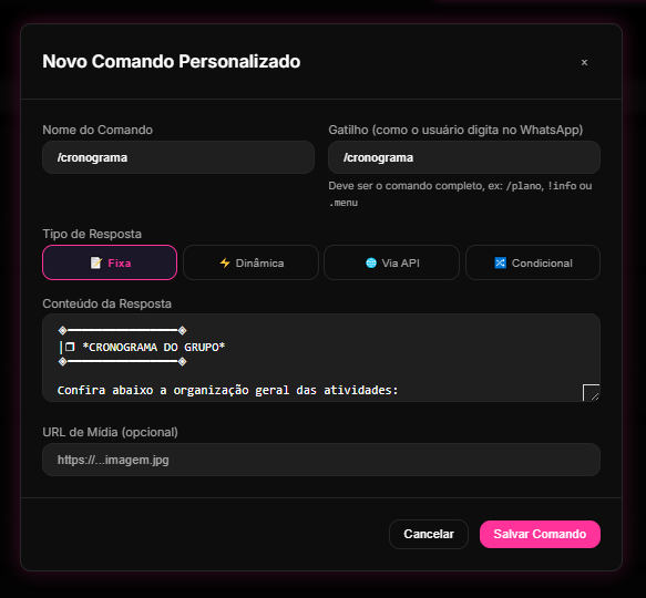 menu de criação de Comandos Personalizados no Dashboard do 9bot para criar respostas e atalhos automatizados a dúvidas recorrentes.