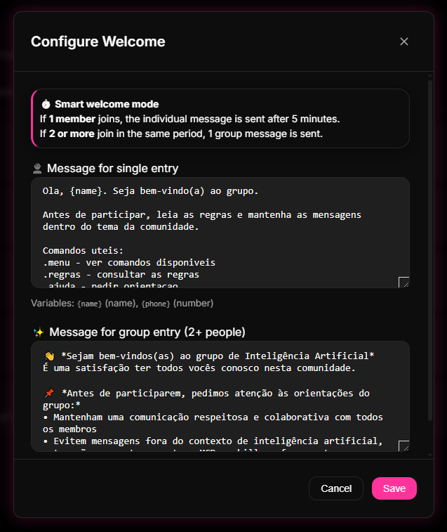 Structured welcome and smart onboarding interface set up inside the 9bot Dashboard.