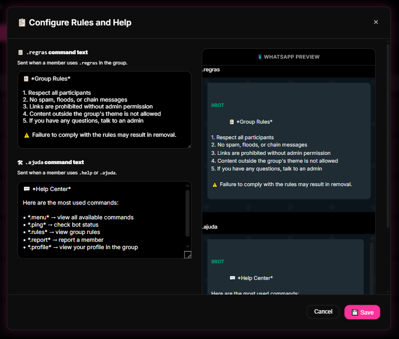 System Commands tab in the 9bot Dashboard.