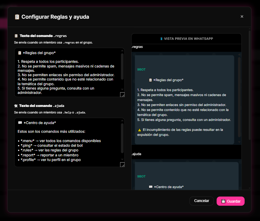 pestaña Comandos del Sistema en el panel de 9bot.