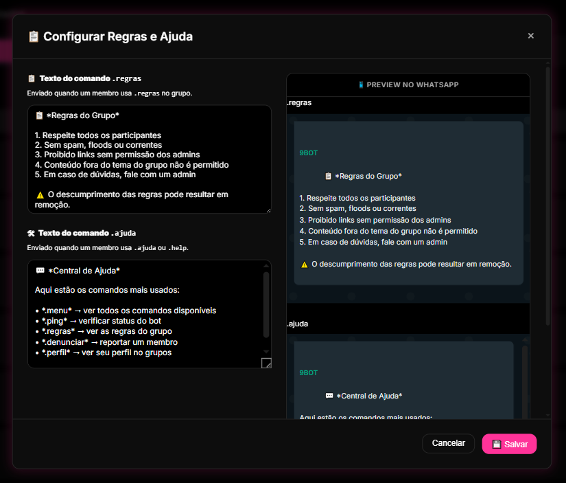 aba Comandos do Sistema no Dashboard do 9bot.