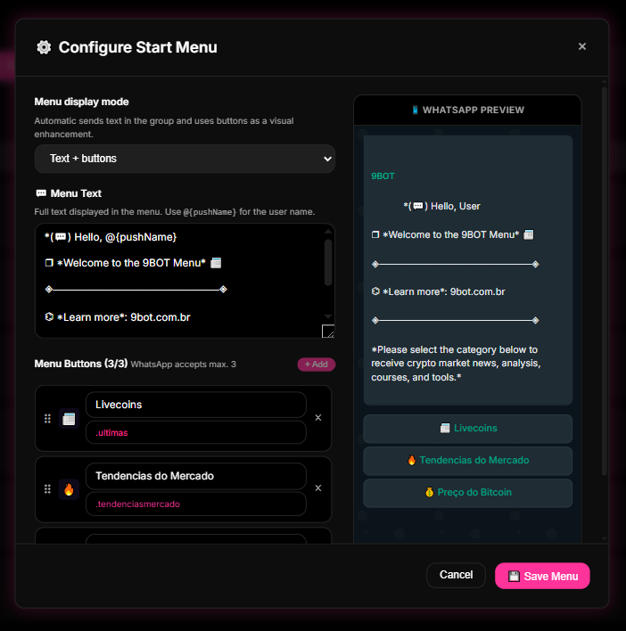 Custom Command creation modal in the 9bot Dashboard.