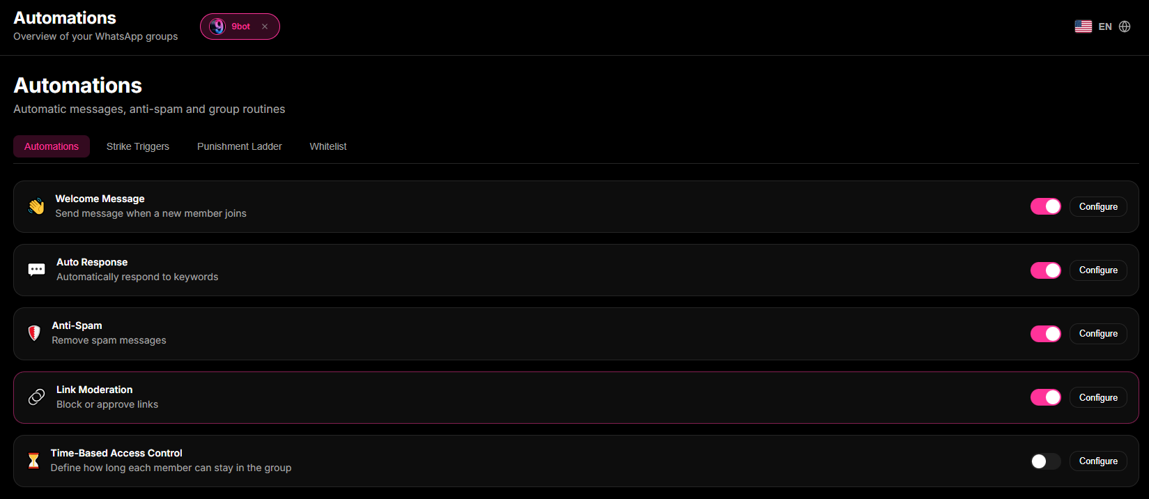 Auto-Approval settings panel and new member moderation settings within the Automations tab in the 9bot Dashboard.
