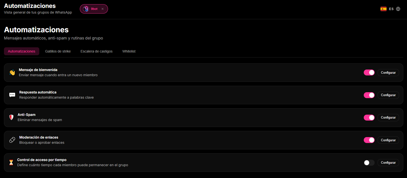 Panel de configuración de Aprovação Automática y moderación de nuevos miembros dentro de la pestaña de Automações en el Dashboard de 9bot.
