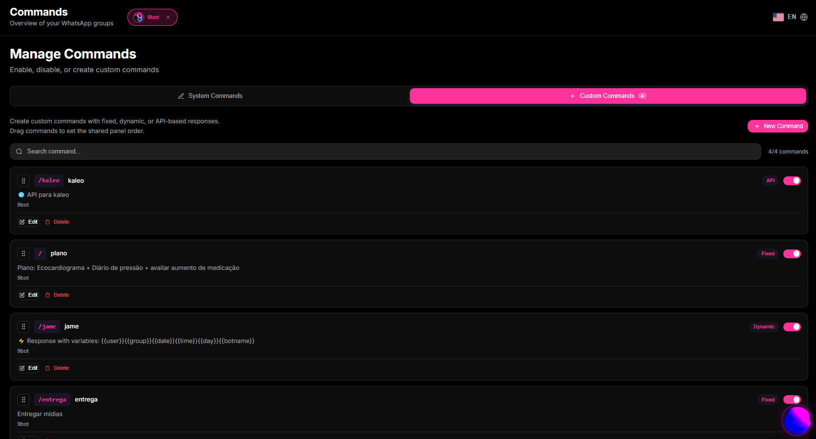 Custom Commands list view in the 9bot Dashboard showing active triggers.
