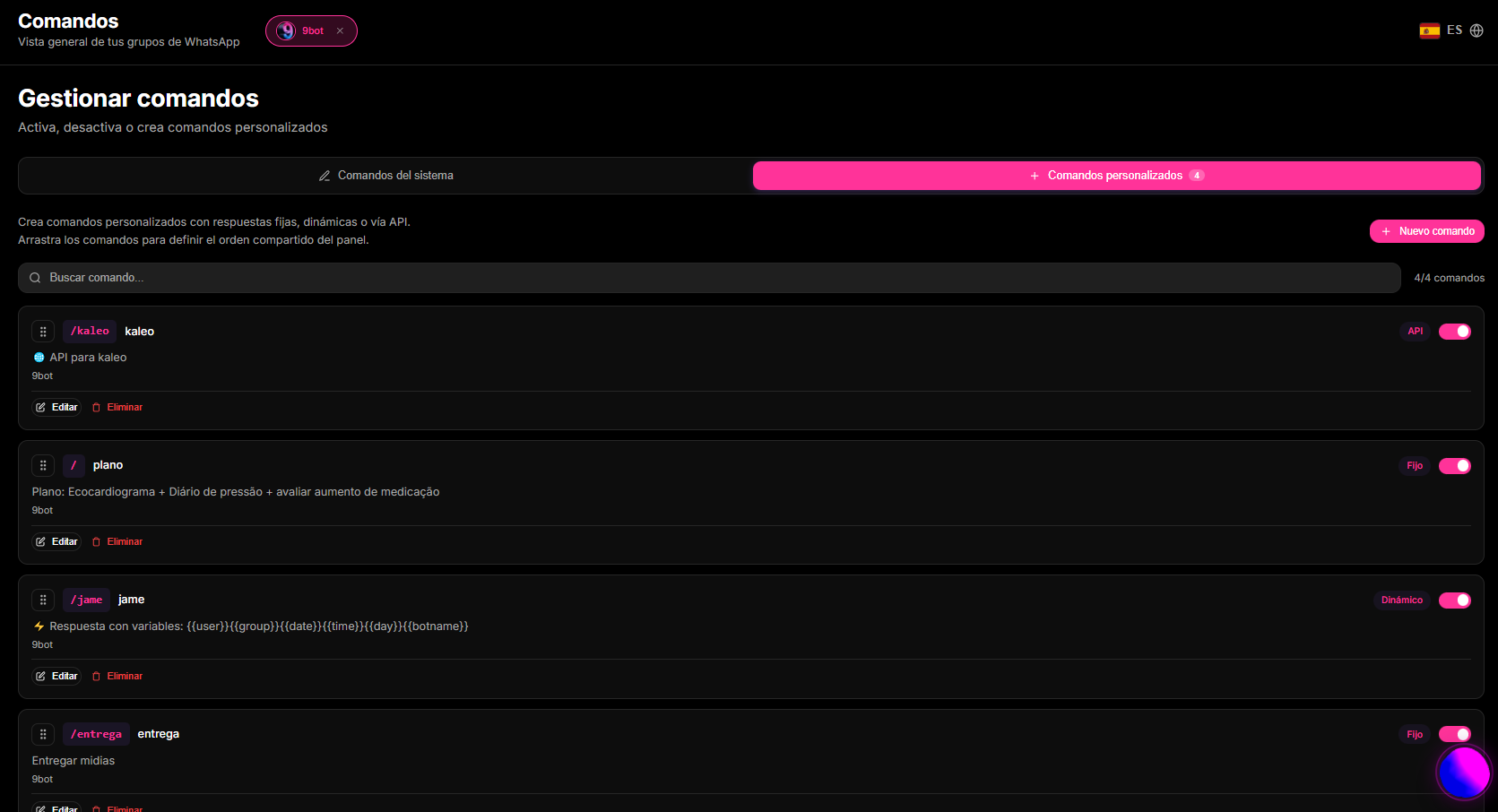 Pestaña de Comandos Personalizados mostrando la lista de atajos en el Dashboard de 9bot.