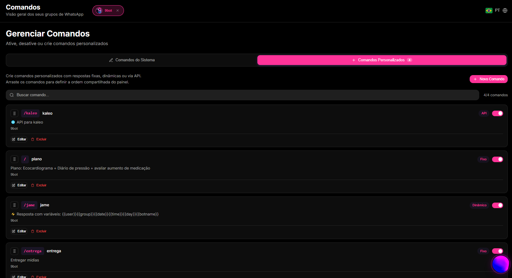 tela da aba de Comandos Personalizados exibindo a listagem de gatilhos criados no painel do 9bot.