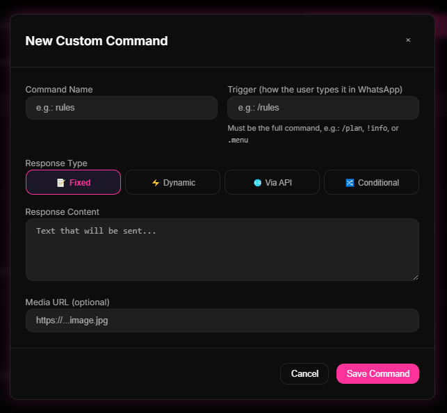 New Command dynamic setup view in the Dashboard with triggers and actions.