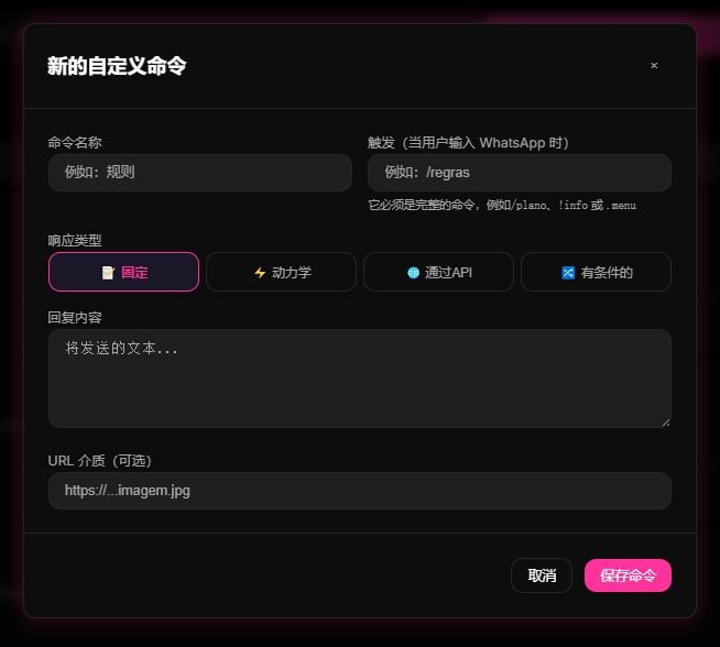 在 9bot 控制面板中，新建自定义指令的参数录入与条件配置页面。