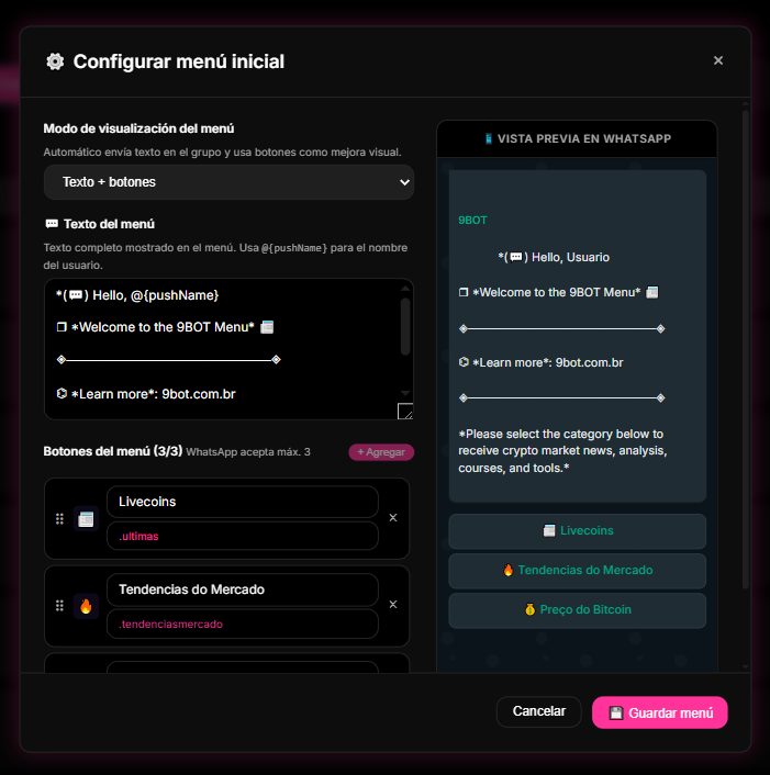 Panel de Menú Personalizado para agregar botones y flujos interactivos en WhatsApp.