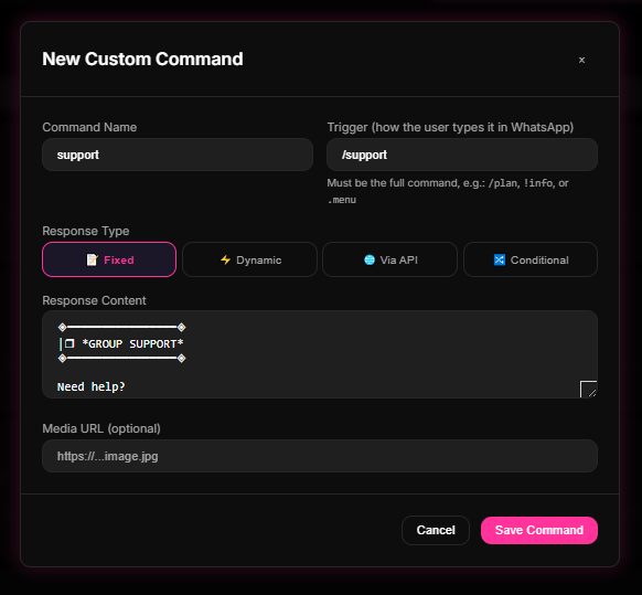 Custom Commands setup screen inside 9bot's Dashboard for automated self-service FAQ responses.