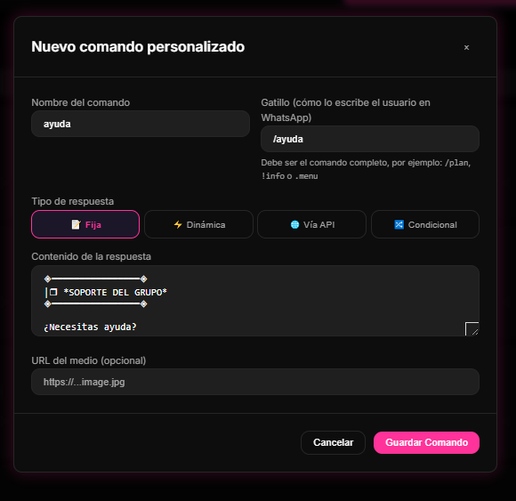 pantalla de parametrización de Comandos Personalizados en el Dashboard de 9bot para el autoatendido automatizado de preguntas frecuentes.