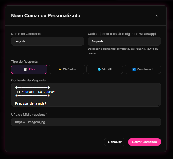 tela de parametrização de Comandos Personalizados no Dashboard do 9bot para autoatendimento automatizado de membros.