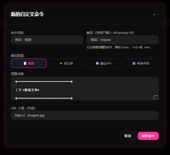 推荐屏幕截图：9bot 控制面板中的自定义命令（Comandos Personalizados）创建与参数化配置界面。
