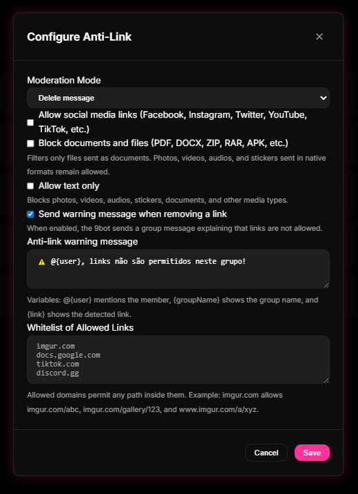 Anti-Spam settings panel inside 9bot's Dashboard, showing active flooding rates and warnings settings.