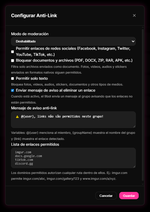 panel de moderación y Anti-Spam en el Dashboard de 9bot, permitiendo fijar advertencias y límites de frecuencia.