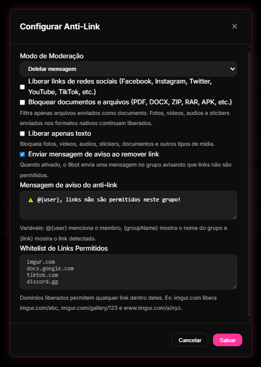 painel de moderação e parametrização do filtro Anti-Spam no Dashboard do 9bot, definindo limites e penalizações de strikes.
