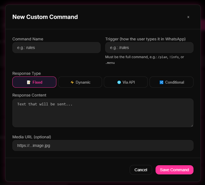Comandos Personalizados tab in the 9bot Dashboard, showing custom shortcuts, help commands, and interactive quick-reply button flows.