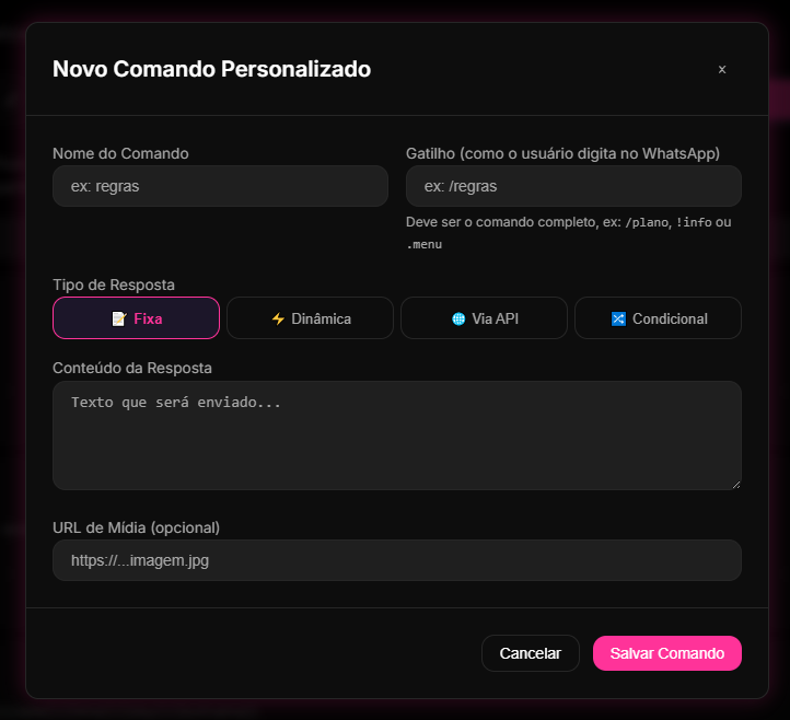 aba de Comandos Personalizados no Dashboard do 9bot, com a listagem de atalhos ativos, comandos de suporte e botões interativos de resposta rápida.