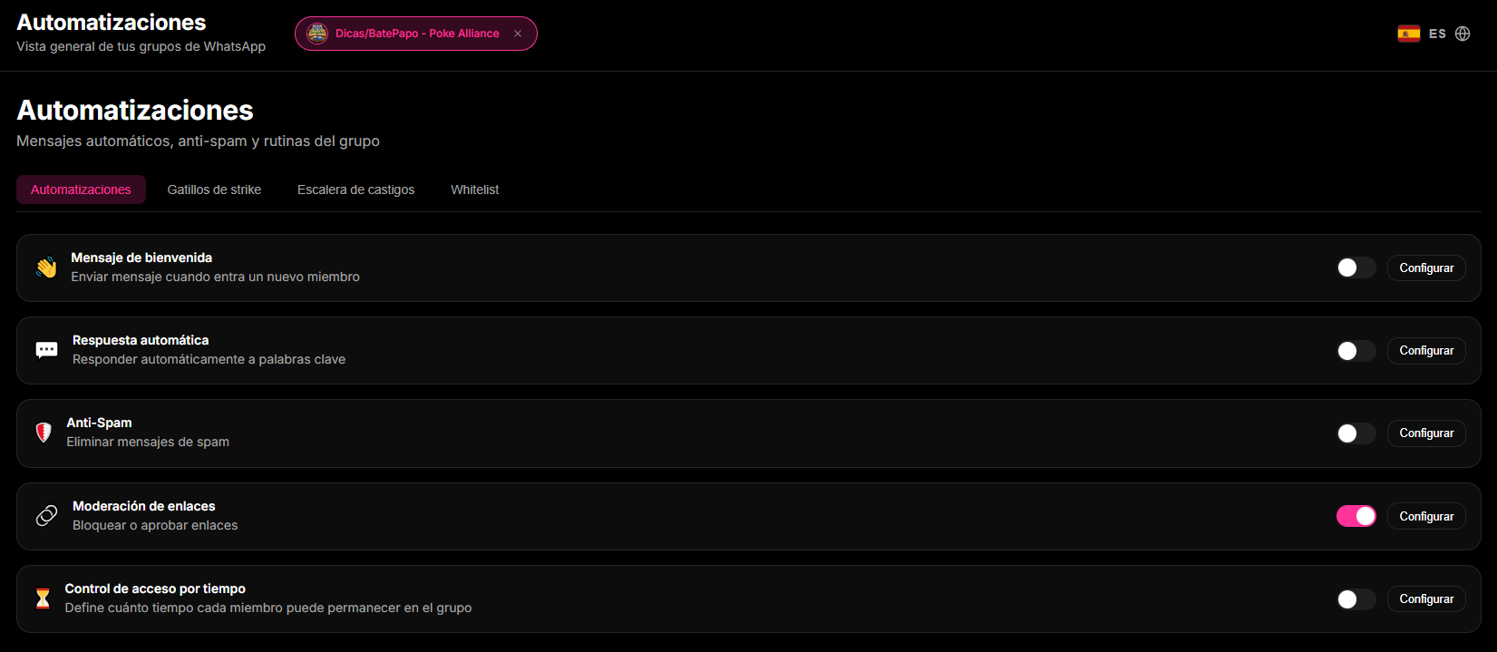 Pestaña de configuración de Aprovação Automática y reglas de entrada inteligente en el Dashboard de 9bot.