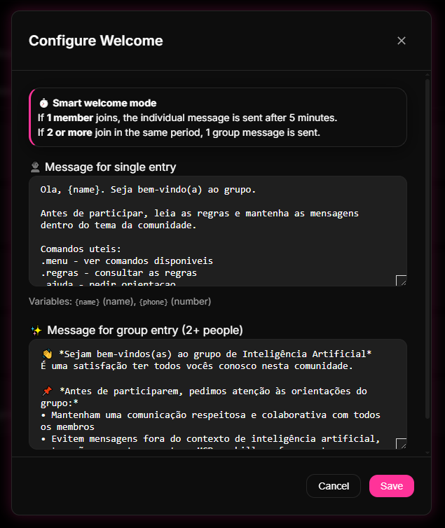 Automations > Welcome Message panel in 9bot, editing professional etiquette guidelines.