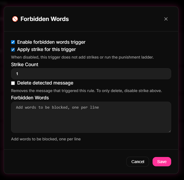 Moderation > Word Filter panel in 9bot, showing blacklisted off-topic keywords.