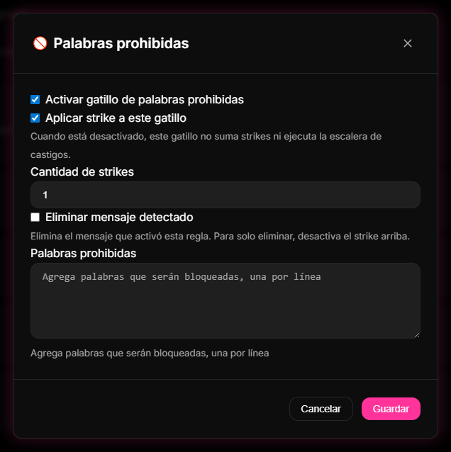 pestaña Moderação > Filtro de Palavras en la consola 9bot, que muestra la lista negra de palabras prohibidas.