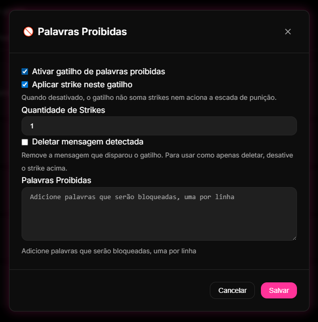 aba Moderação > Filtro de Palavras no console 9bot, exibindo a blacklist de termos off-topic banidos.