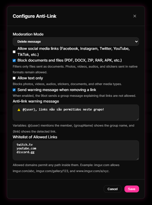 Automations > Link Moderation tab in the 9bot Dashboard.
