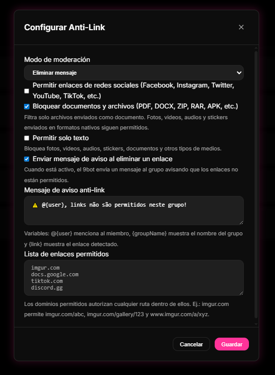 Panel Automatizaciones > Moderación de Enlaces en el Dashboard de 9bot.