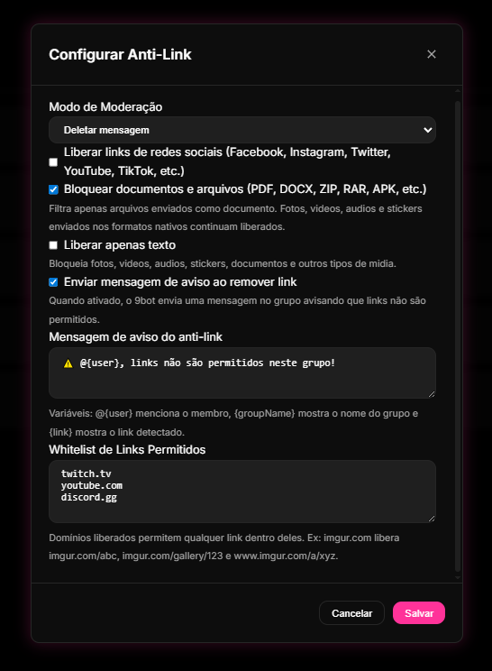 Painel Automações > Moderação de Links no 9bot.