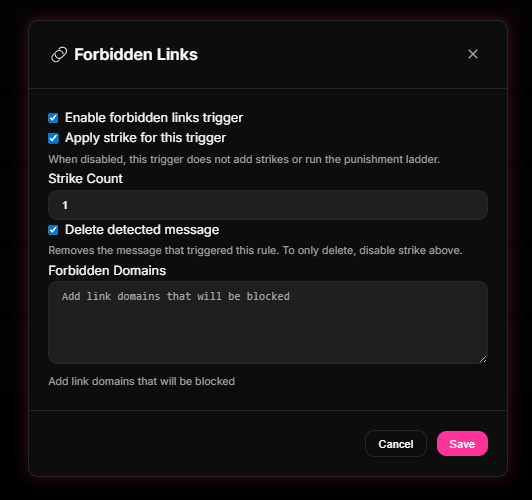 Moderation > Strike System tab in the 9bot Dashboard.
