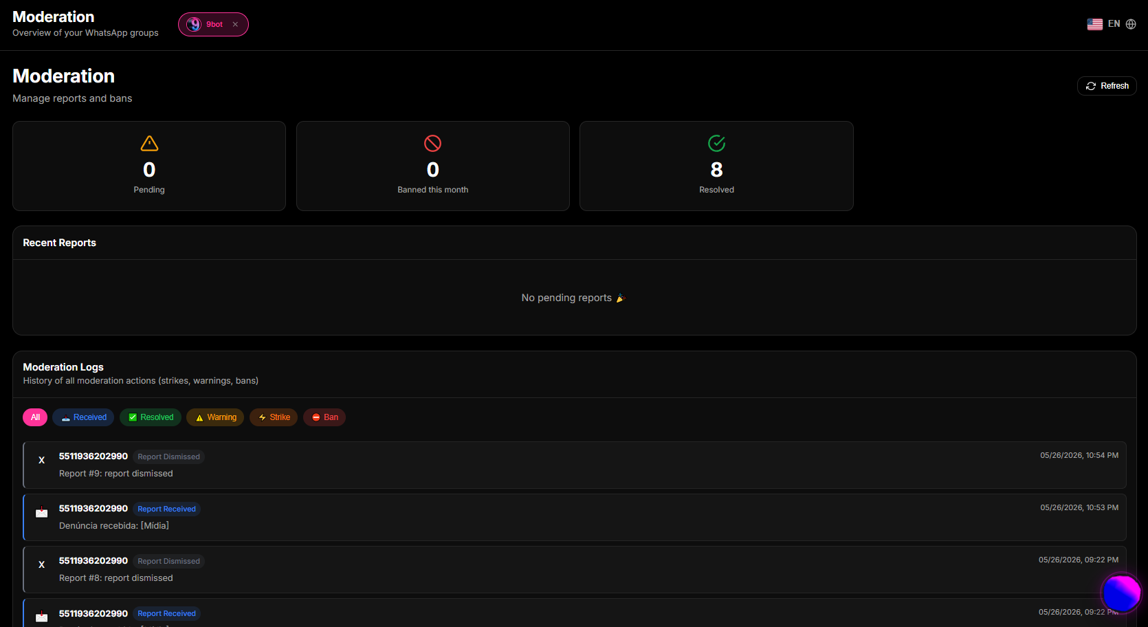 Moderation audit logs and traffic analytics reports inside the 9bot telemetry dashboard.