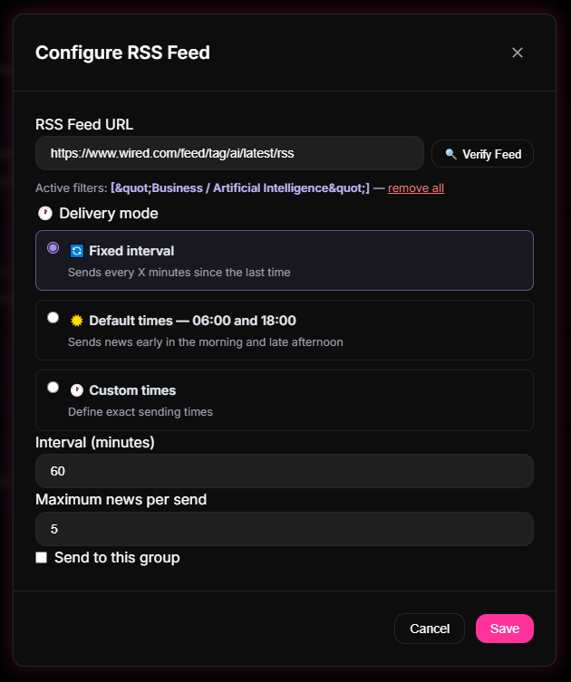 RSS Feed automated configuration and scheduling options inside the 9bot Dashboard.